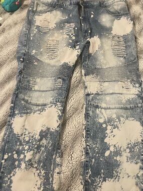GS-115 Men's Light Blue Distressed Paint-Splatter Slim Straight Jeans